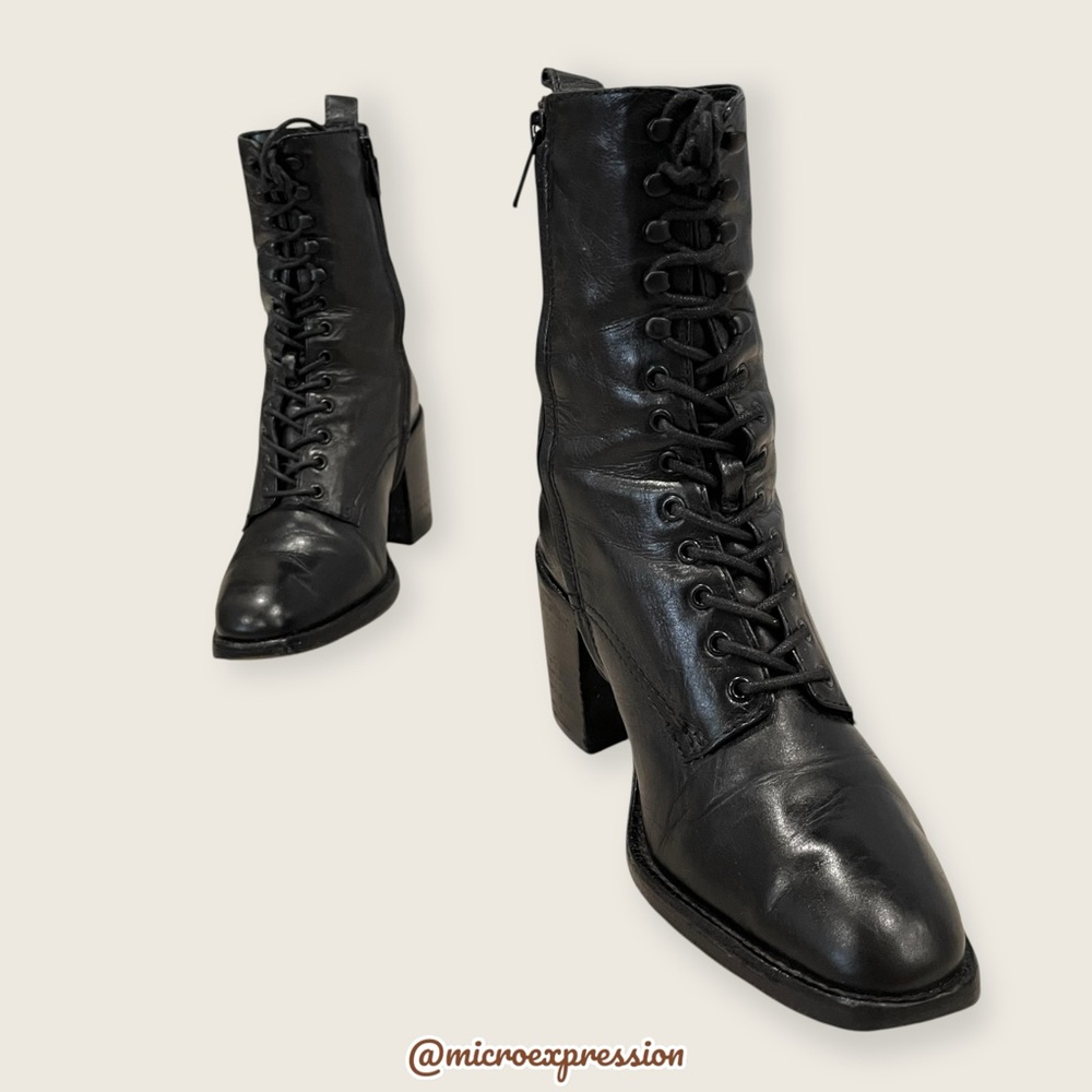 $399 Frye Pia Black Leather Combat Lace Up Moto Goth Block Heel Ankle Bootie - Picture 6 of 15